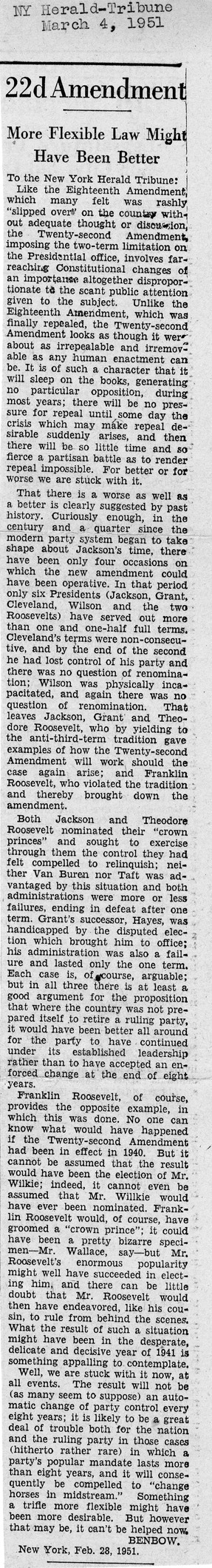 Newspaper Article from the New York Herald-Tribune, 22nd Amendment