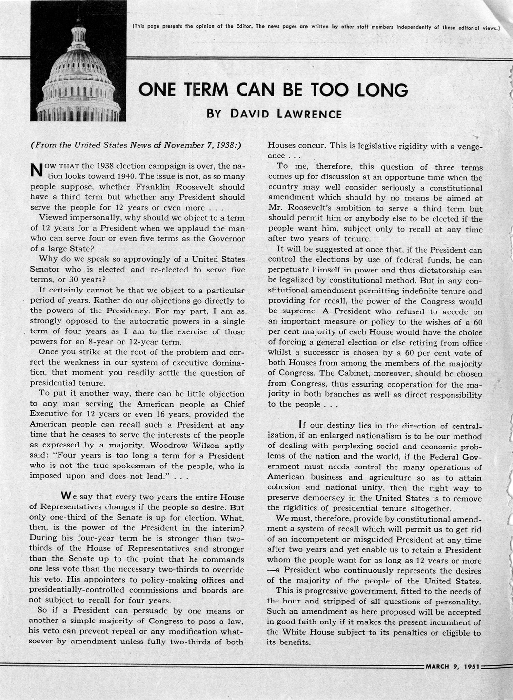 Newspaper Article by David Lawrence, One Term Can Be Too Long