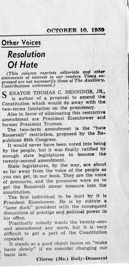 Newspaper Article from the Clinton (Missouri) Daily Democrat, Resolution of Hate