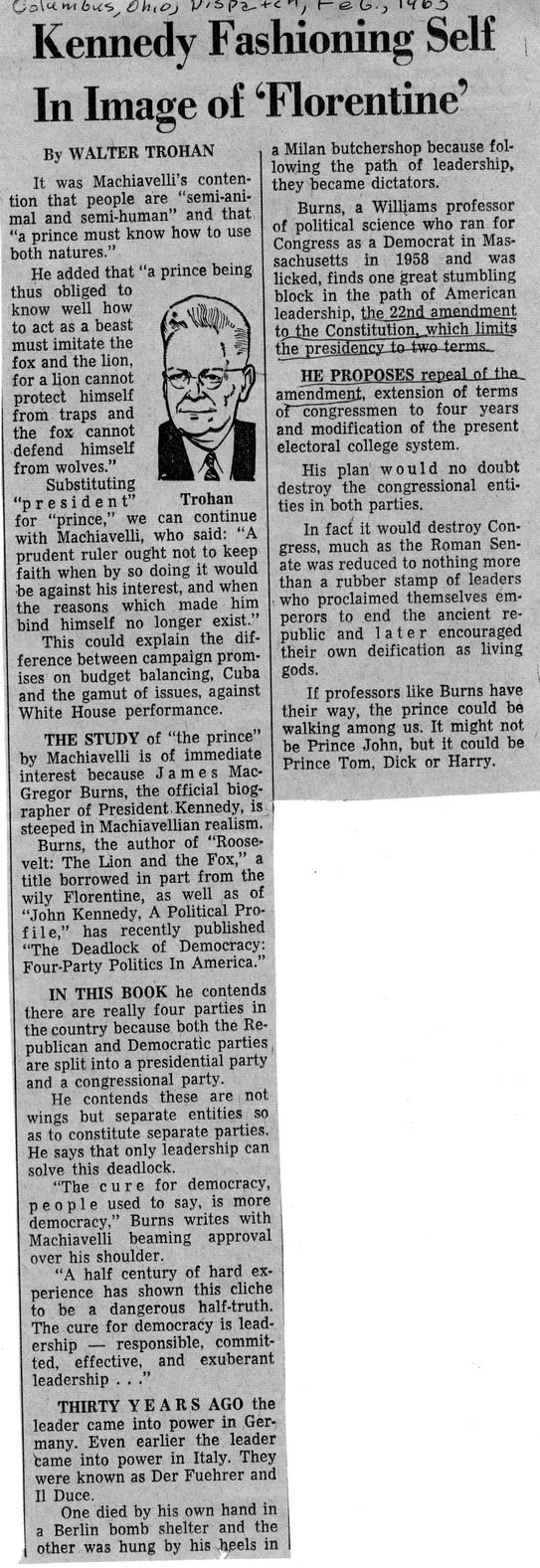 Newspaper Article from the Columbus Dispatch, Kennedy Fashioning Self In Image of "Florentine," by Walter Trohan