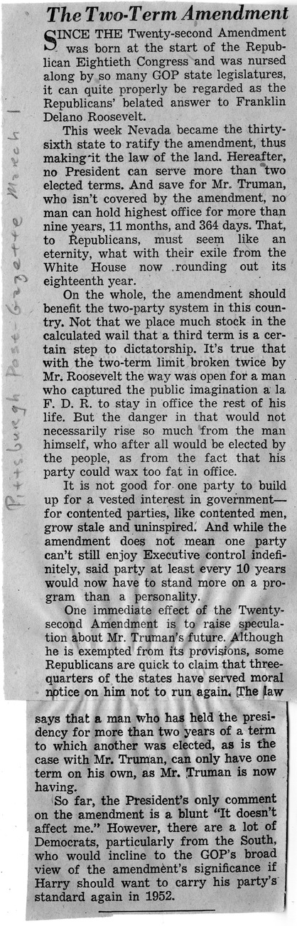 Newspaper Article from the Pittsburgh Post-Gazette, The Two-Term Amendment