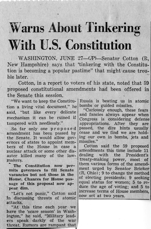 Newspaper Article, Warns About Tinkering With U.S. Constitution