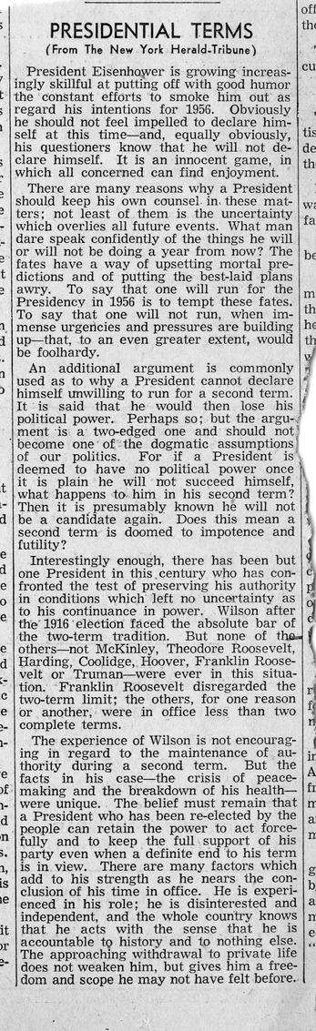 Newspaper Article from the New York Herald-Tribune, Presidential Terms