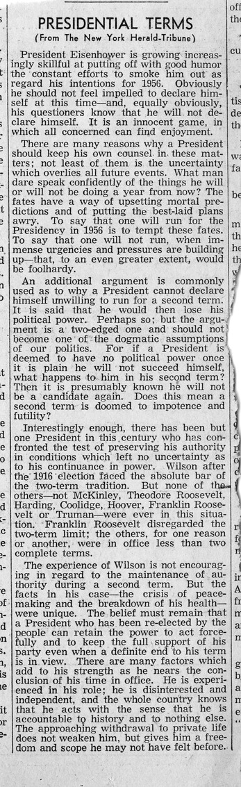 Newspaper Article from the New York Herald-Tribune, Presidential Terms
