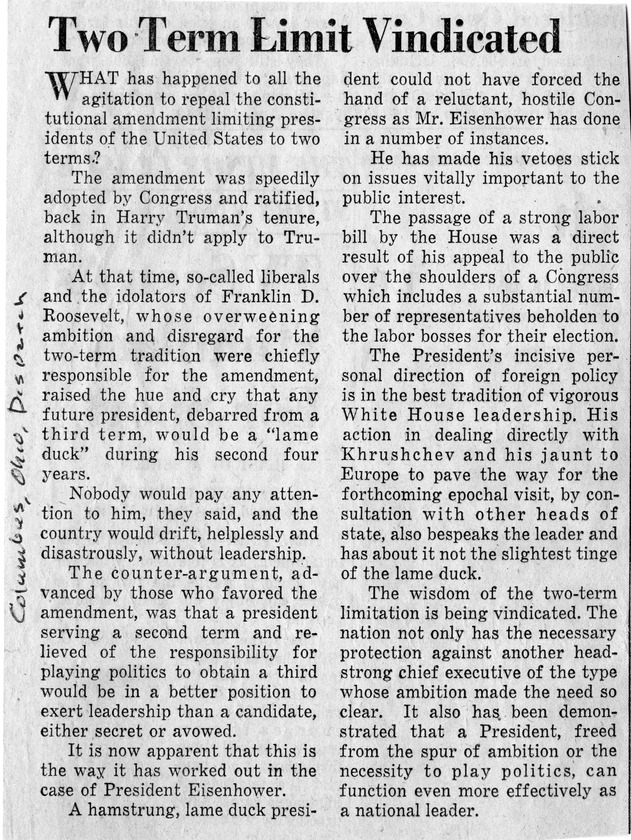 Newspaper Article from the Columbus, Ohio Dispatch, Two-Term Limit Vindicated