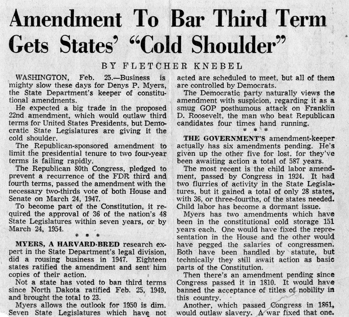 Newspaper Article, Amendment to Bar Third Term Gets States' "Cold Shoulder," by Fletcher Knebel