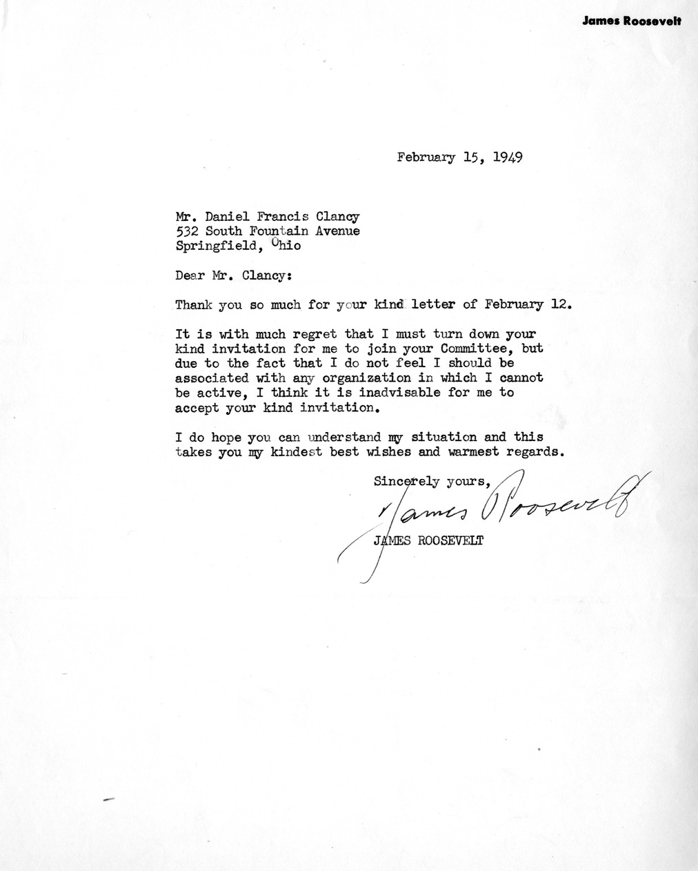 Letter from James Roosevelt to Daniel F. Clancy