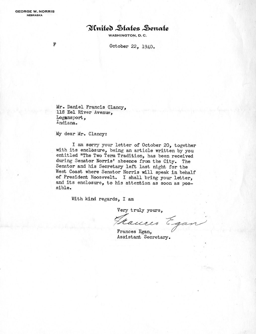 Letter from Frances Egan to Daniel F. Clancy