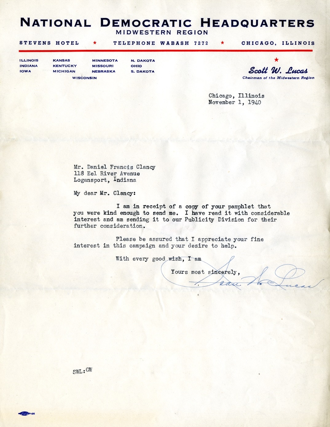 Letter from Scott W. Lucas to Daniel F. Clancy