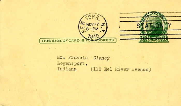 Postcard from Carol Smythe to Daniel F. Clancy