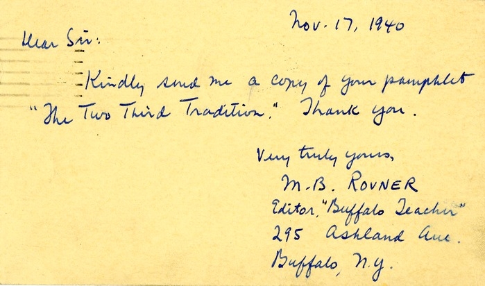 Postcard from M. B. Rovner to Daniel F. Clancy