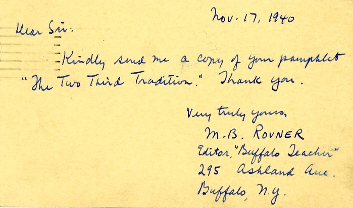 Postcard from M. B. Rovner to Daniel F. Clancy