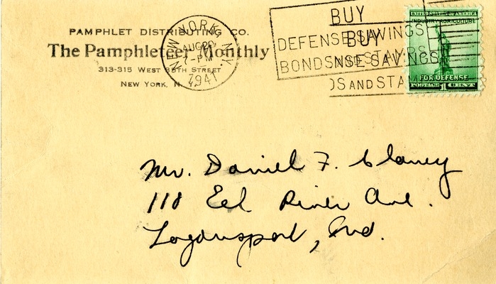 Postcard from The Pamphlet Distributing Company to Daniel F. Clancy