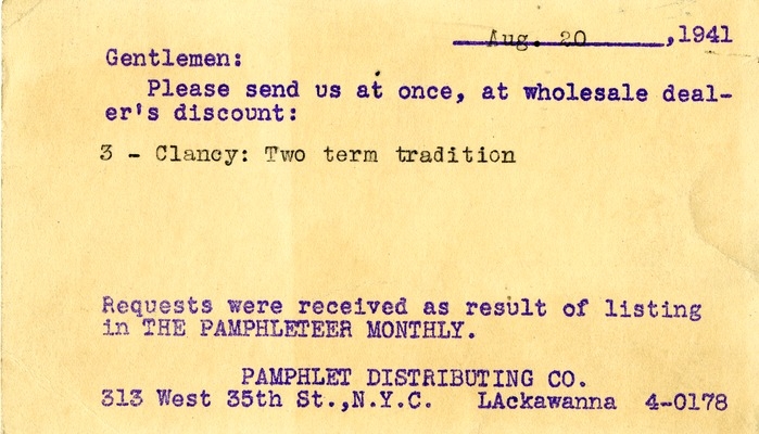 Postcard from The Pamphlet Distributing Company to Daniel F. Clancy