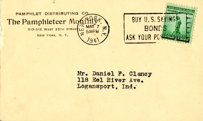 Postcard from The Pamphlet Distributing Company to Daniel F. Clancy