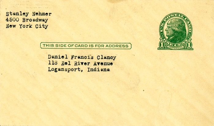 Postcard from Stanley Nehmer to Daniel F. Clancy