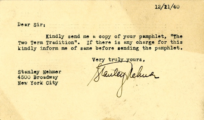 Postcard from Stanley Nehmer to Daniel F. Clancy