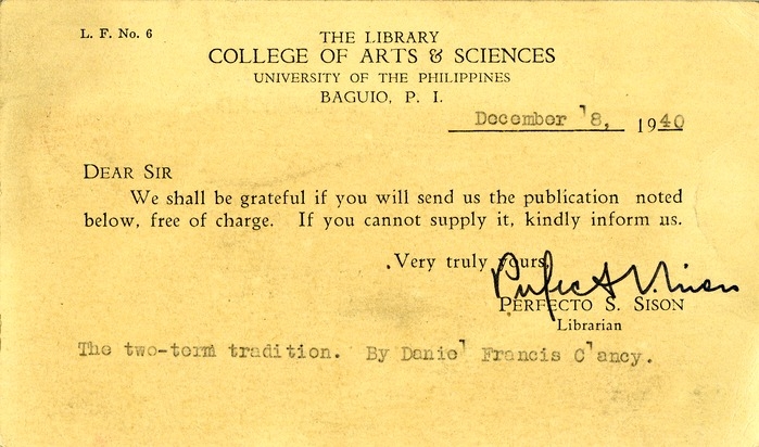 Postcard from Perfecto S. Sison to Daniel F. Clancy