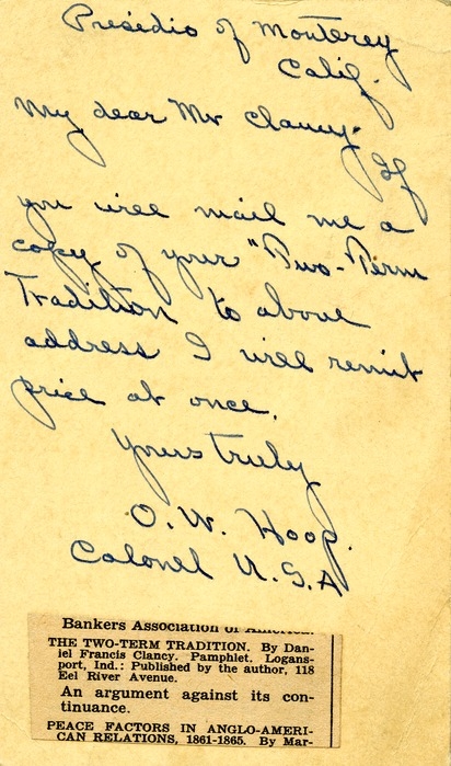 Postcard from O. W. Hoop to Daniel F. Clancy