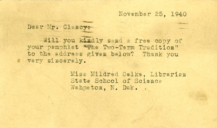 Letter from Mildred Oelke to Daniel F. Clancy