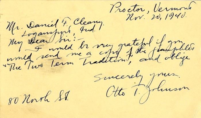 Postcard from Otto T. Johnson to Daniel F. Clancy