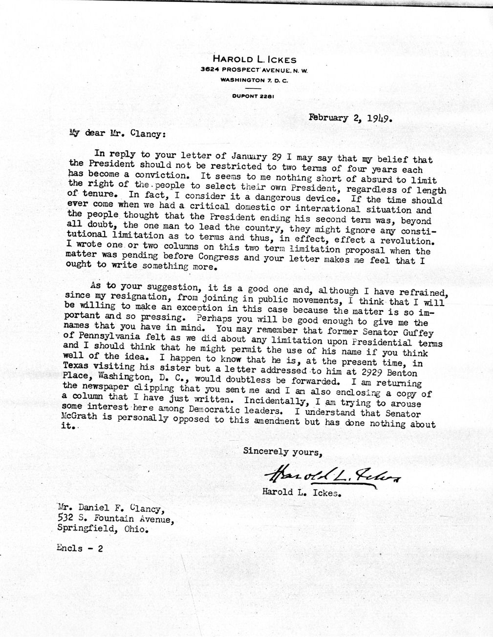 Letter from Harold Ickes to Daniel F. Clancy