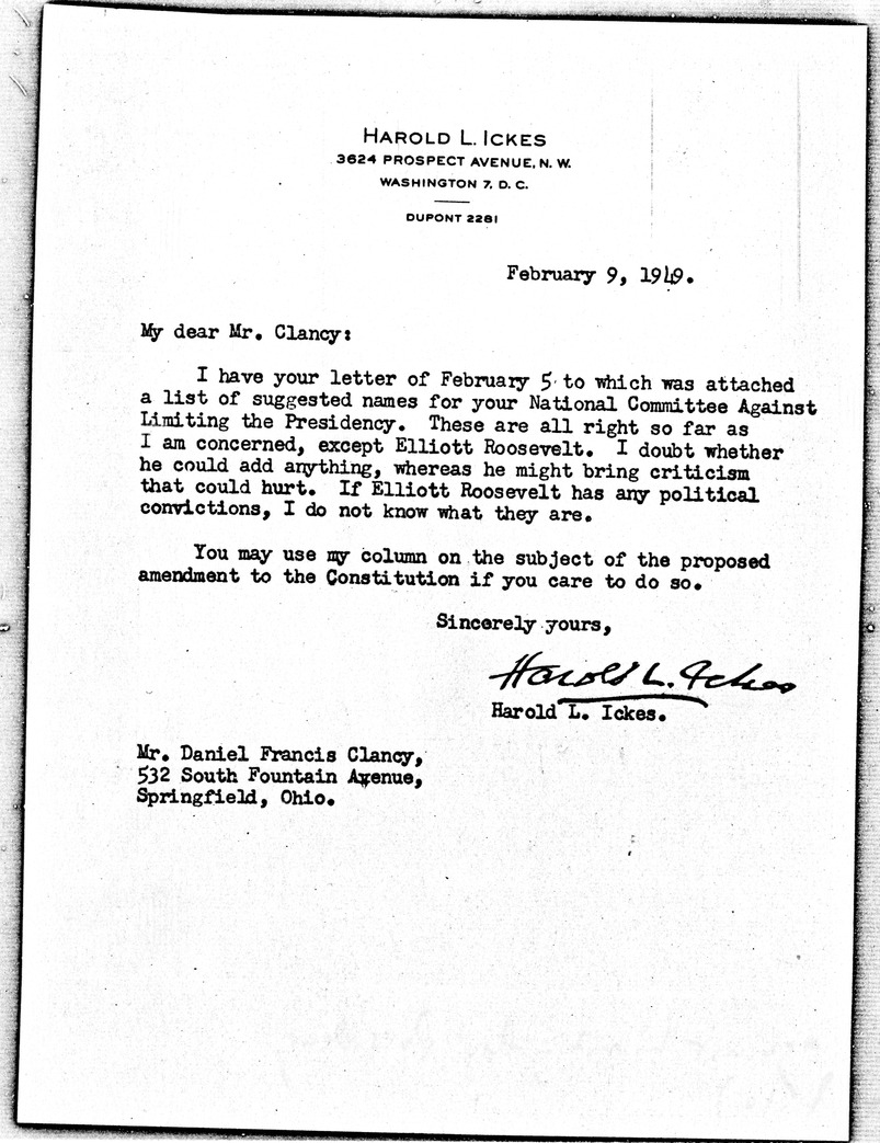 Letter from Harold Ickes to Daniel F. Clancy