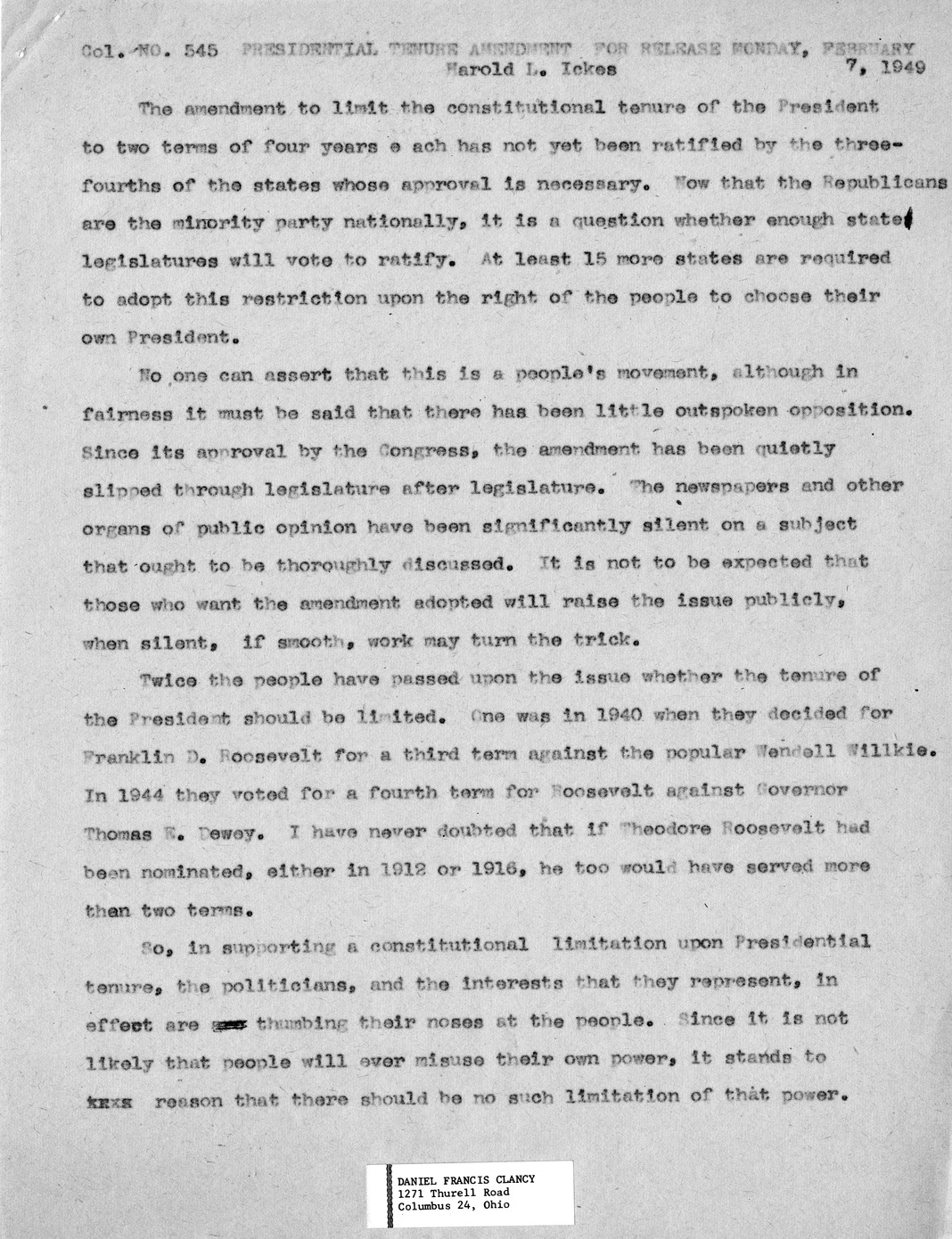 Draft of Newspaper Column by Harold Ickes, Presidential Tenure Amendment