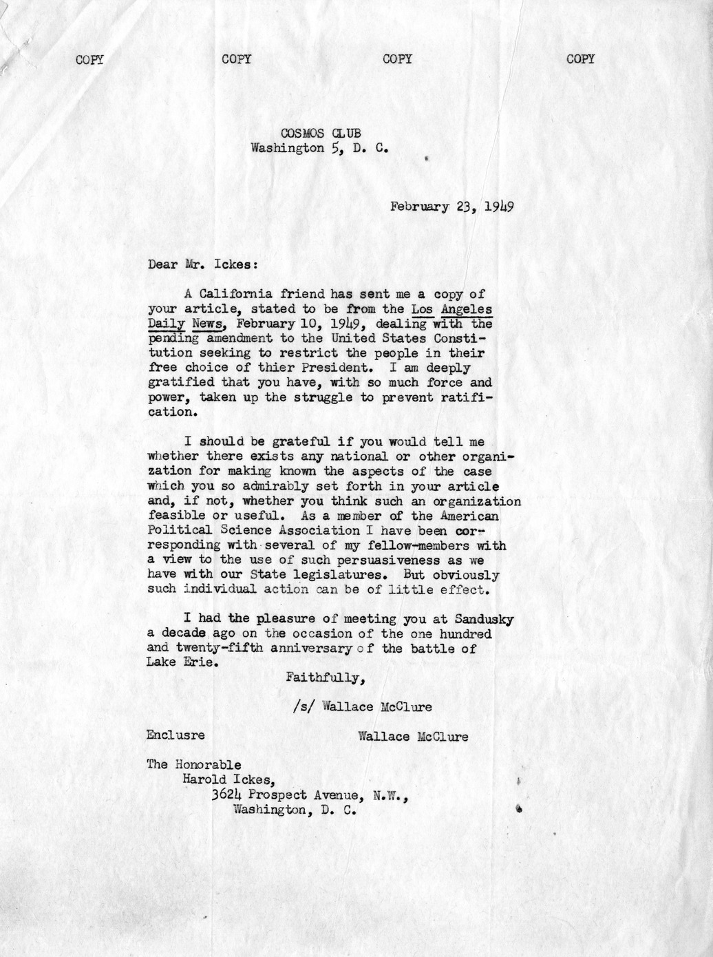 Correspondence Between Wallace McClure and Harold Ickes