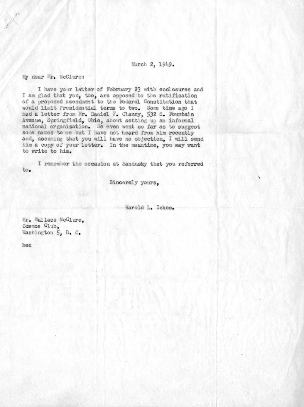 Correspondence Between Wallace McClure and Harold Ickes