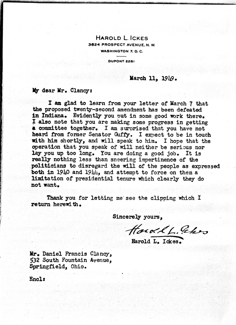 Letter from Harold Ickes to Daniel F. Clancy, with Attached Newspaper Clipping