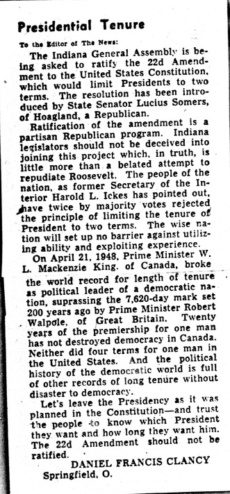 Letter from Harold Ickes to Daniel F. Clancy, with Attached Newspaper Clipping