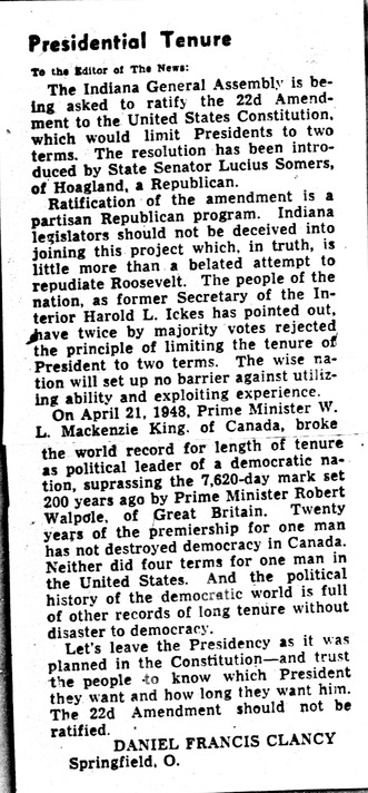 Letter from Harold Ickes to Daniel F. Clancy, with Attached Newspaper Clipping