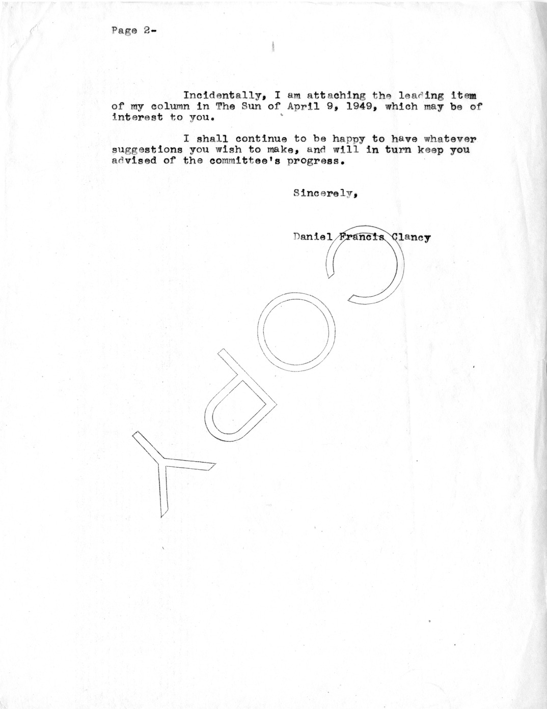 Letter from Daniel F. Clancy to Harold Ickes