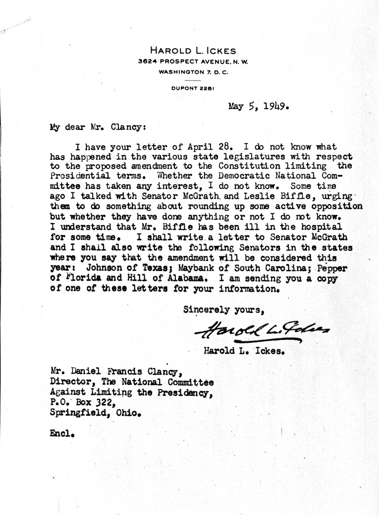 Letter from Harold Ickes to Daniel F. Clancy