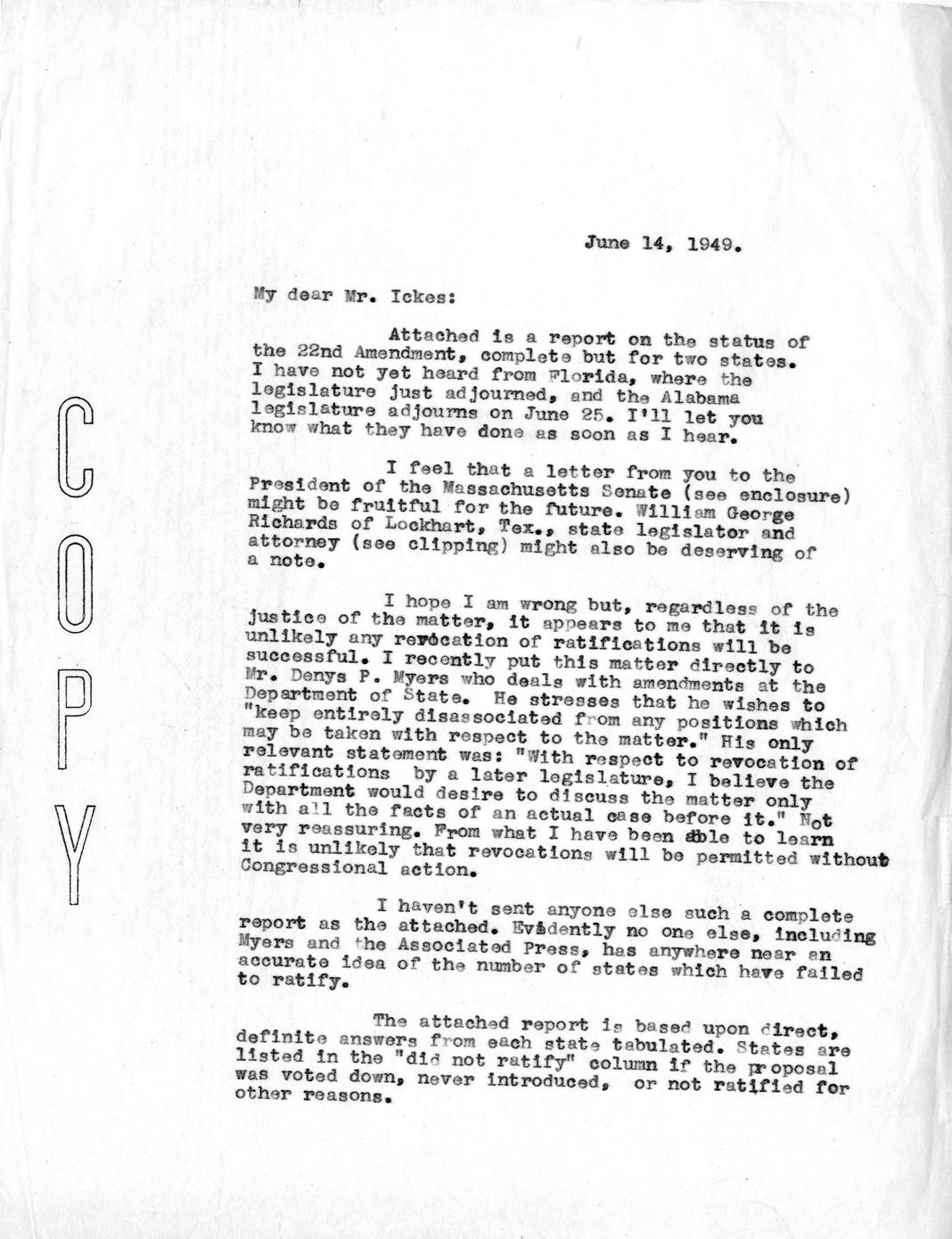 Letter from Daniel F. Clancy to Harold Ickes