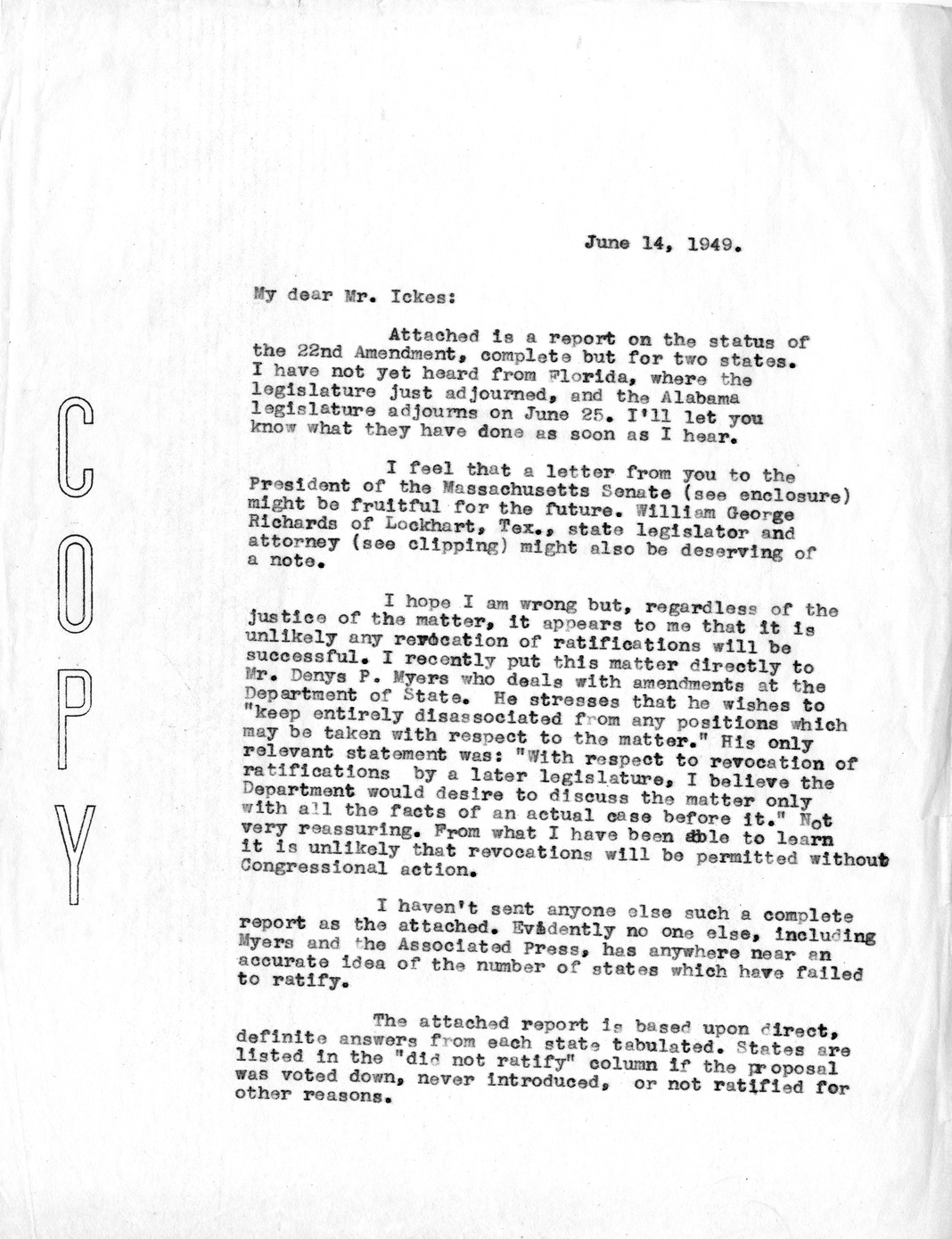 Letter from Daniel F. Clancy to Harold Ickes