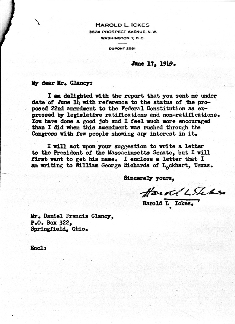 Letter from Harold Ickes to Daniel F. Clancy with Attachment