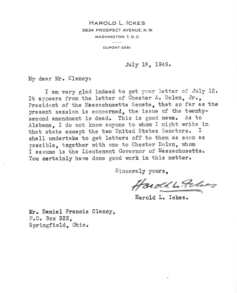 Letter from Harold Ickes to Daniel F. Clancy