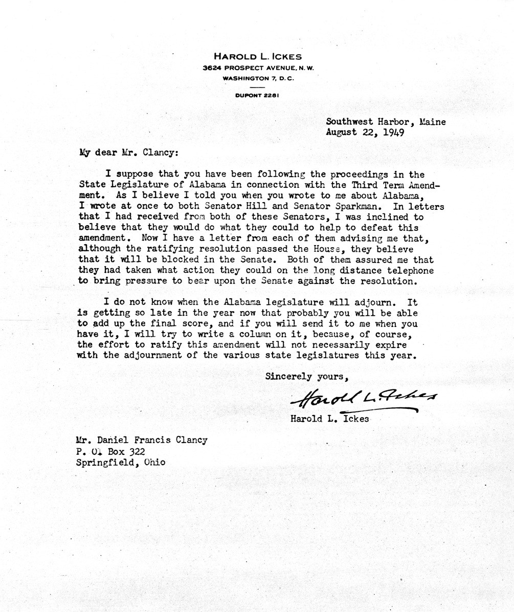 Letter from Harold Ickes to Daniel F. Clancy
