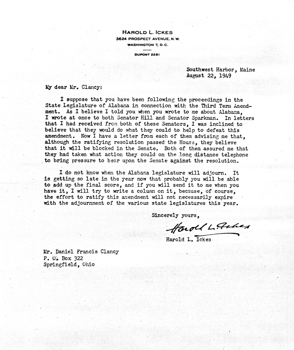 Letter from Harold Ickes to Daniel F. Clancy