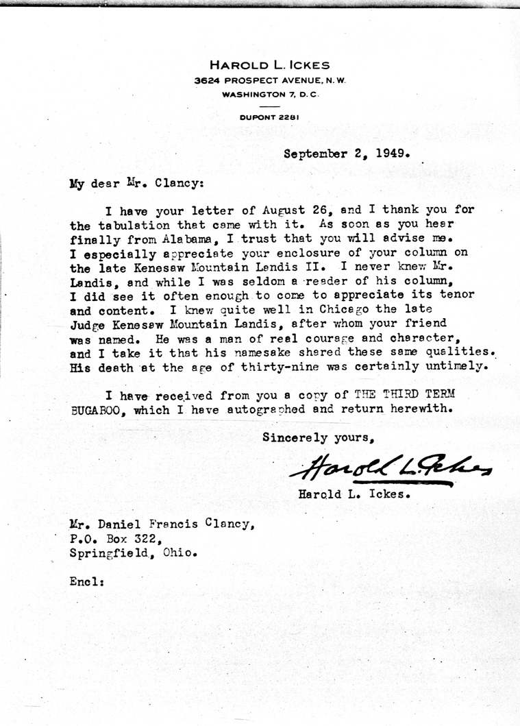 Letter from Harold Ickes to Daniel F. Clancy