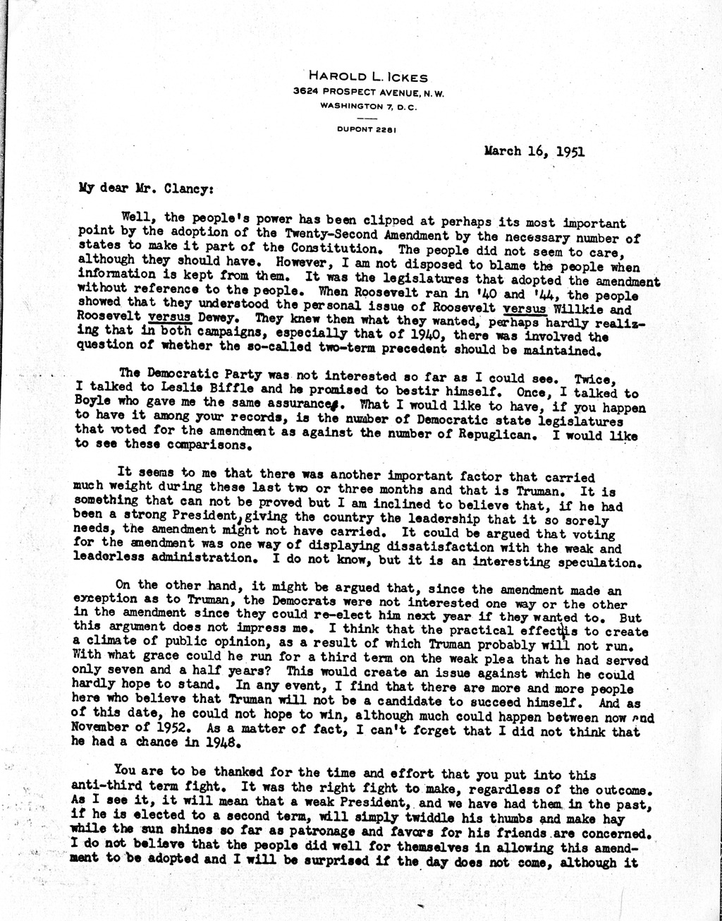 Letter from Harold Ickes to Daniel F. Clancy