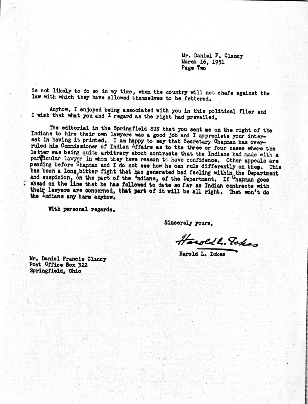 Letter from Harold Ickes to Daniel F. Clancy