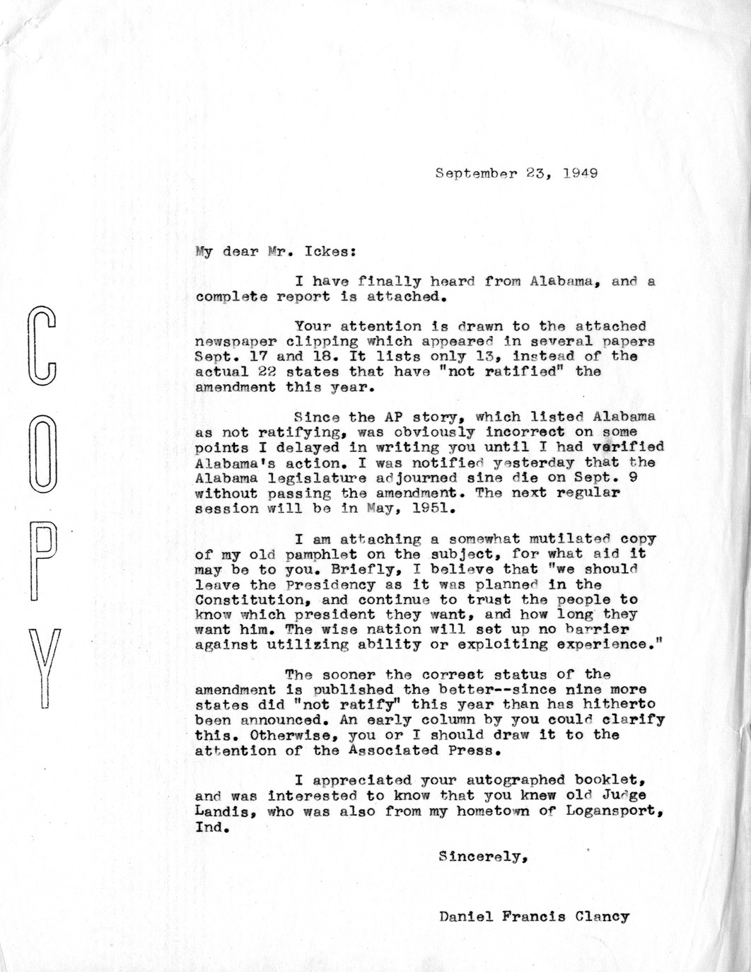 Letter from Daniel F. Clancy to Harold Ickes