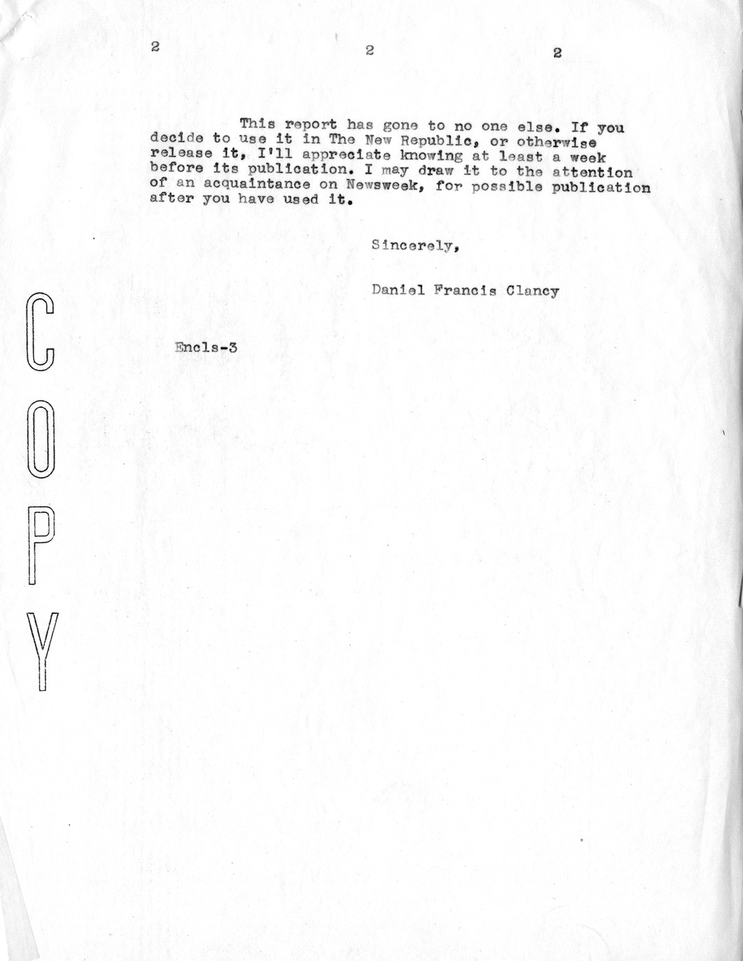 Letter from Daniel F. Clancy to Harold Ickes