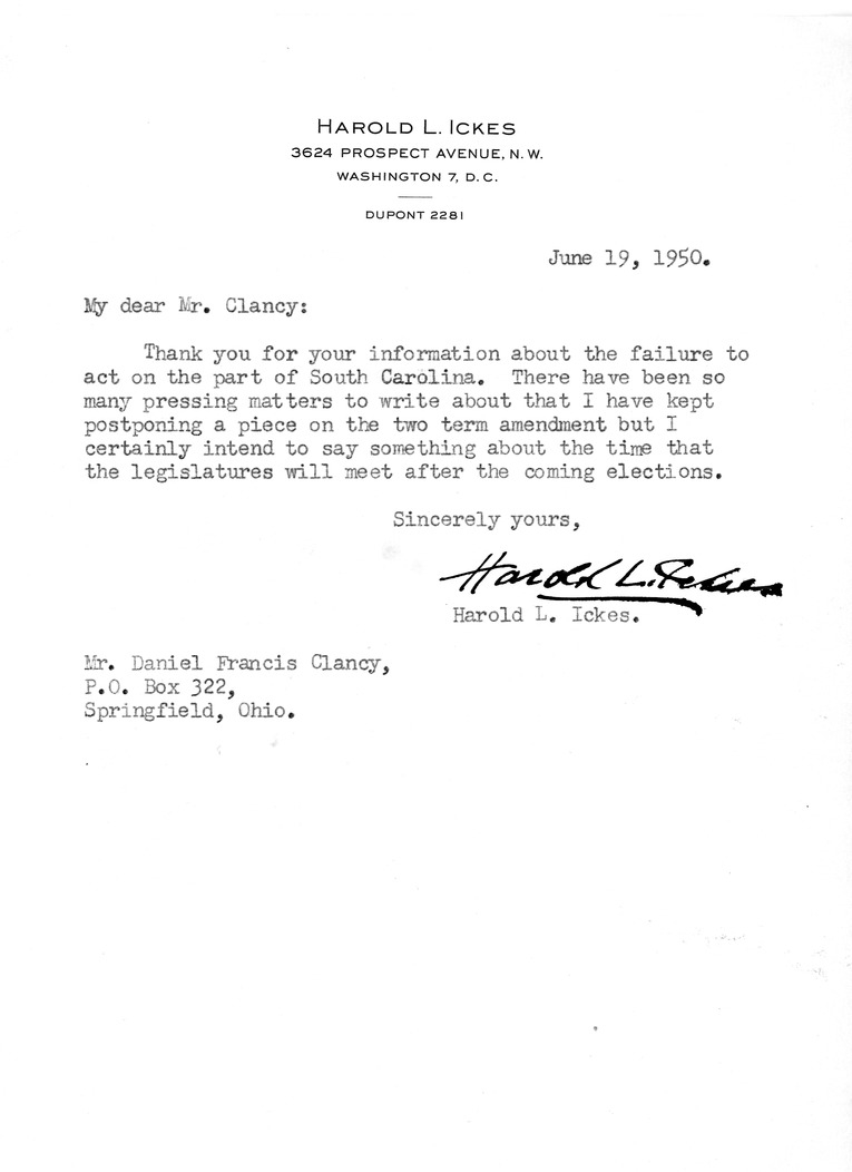 Letter from Harold Ickes to Daniel F. Clancy