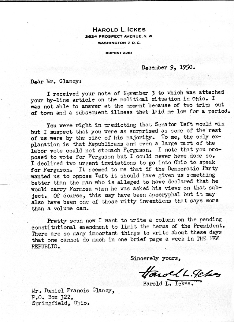 Letter from Harold Ickes to Daniel F. Clancy