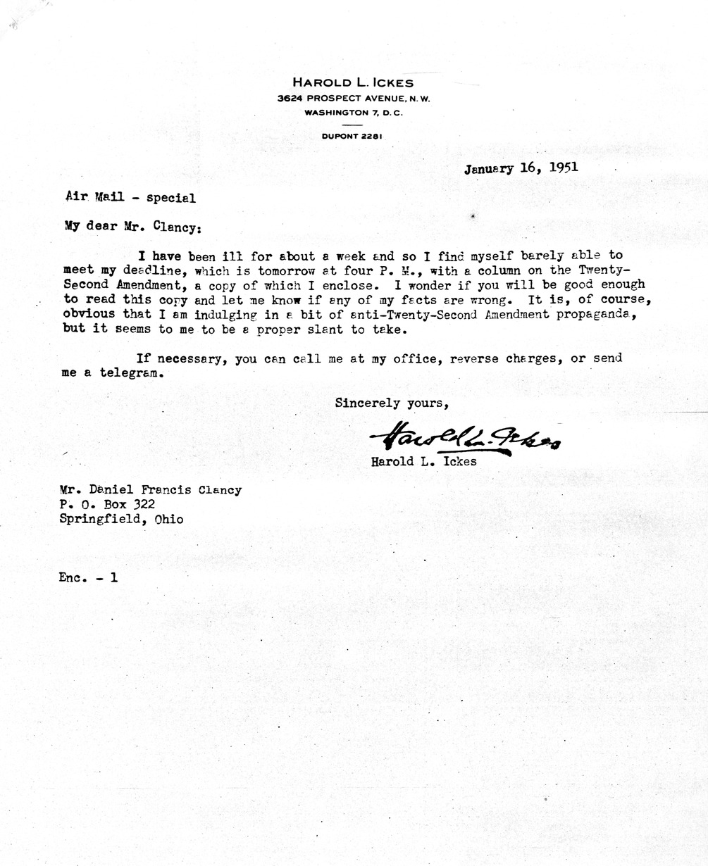 Letter from Harold Ickes to Daniel F. Clancy, with Attachment