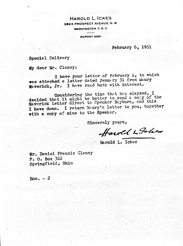 Letter from Harold Ickes to Daniel F. Clancy, with Attachment